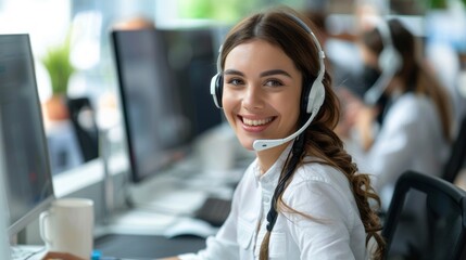 A friendly smiling woman wearing a headset, in a professional setting, working at her desk
