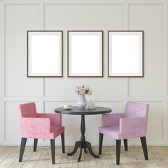 Modern cafe interior. Romantic style. 3d render.