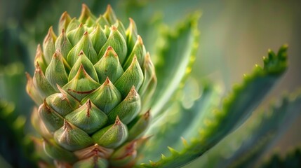 Young green pine cone close-up.