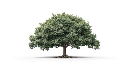 A conceptual image of a majestic oak tree with digital leaves, isolated on a pristine white background