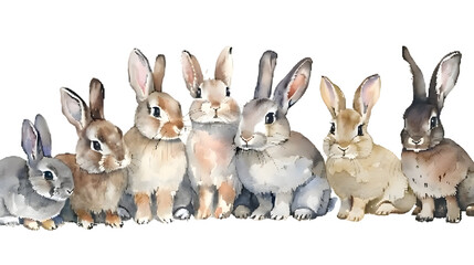 Group of rabbits watercolor illustration isolated on transparent background