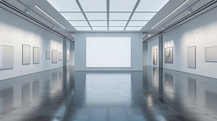 Fototapeta premium Empty gallery with a large blank wall for exhibition or presentation. White walls, shiny floor, and modern interior. Perfect for art, photography, and museum displays.