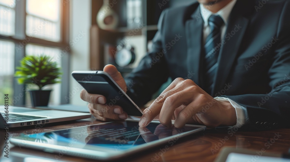 Poster a businessman sits at a desk, using both a smartphone and tablet, suggesting he is managing multiple