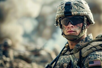 Naklejka premium Closeup of a serious military serviceman with tactical equipment against a blurred background