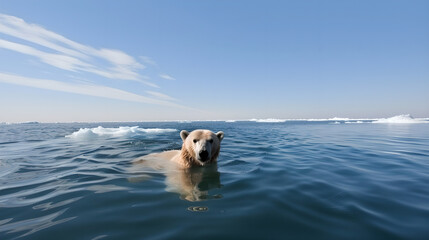 Polar bear swimming in Arctic ocean with icebergs