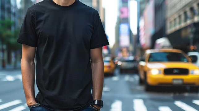 A man in a black t-shirt stands on a city street