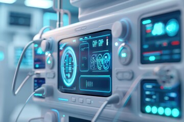 Fototapeta premium A detailed depiction of advanced medical equipment with holographic interfaces, isolated with room for text on a clean background
