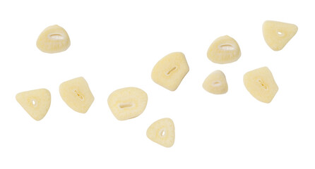 Top view set of garlic slices or pieces scattering isolated on white background with clipping path in png file format
