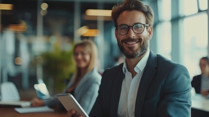 Fototapeta premium A young man in a suit and glasses smiles warmly while holding a tablet in a modern office setting