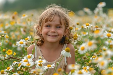 A young girl with a joyful expression smiles brightly as she sits in a field of blooming daisies, basking in the warmth of a sunny day, radiating happiness.