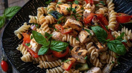 Fototapeta premium Delicious pasta salad with grilled chicken, fresh vegetables, and basil served on a black plate.