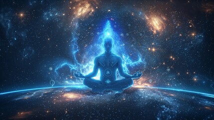 Enlightened Figure Meditating on a Cosmic Plane with Radiant Blue Energy