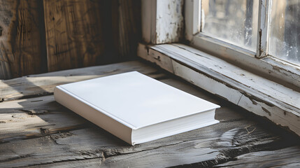 Blank book cover mockup on rustic wooden desk