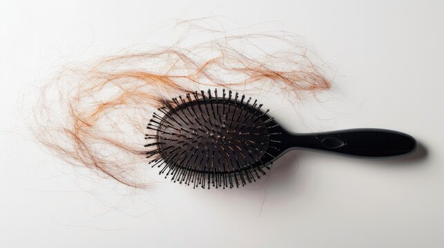 Hairbrush with hair fall on a white backdrop