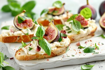 Gourmet fig bruschetta with cream cheese and basil