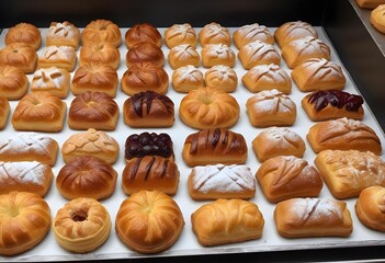 Delicious variety of fresh pastries in a bakery shop, chocolate, cream, jelly, butter, nuts, empty, berries, jam, confiture, coffe, ones, italian pastries