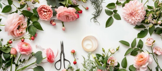 Workspace of a florist featuring pink flowers, scissors, decorative paper, and leaf arrangement against a white backdrop with room for text.
