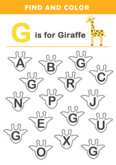 Kindergarten Letter G Find and Color worksheet. Spot and Color the Letter G. Letter G Hunt and Color for Kids.	