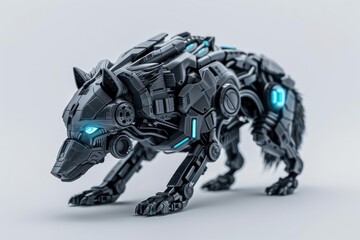 A futuristic depiction of a cyber wolf with sleek cybernetic enhancements and glowing blue eyes, isolated on a white backdrop