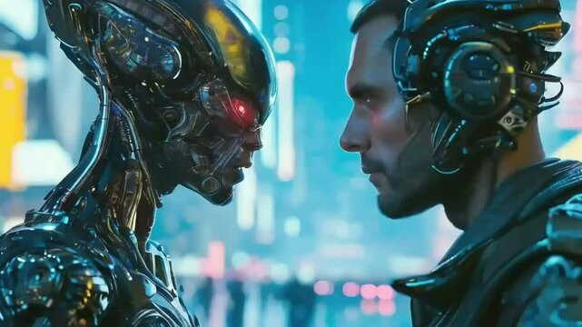 Robot and alien creature, contact. The look of an alien in the eyes of a bionic man from Earth. Meeting of minds alien and cyborg. Space and artificial intelligence.