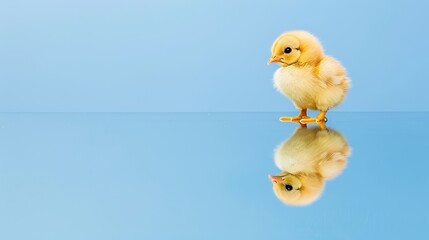 Adorable yellow chick standing on mirrored surface, casting a delightful reflection