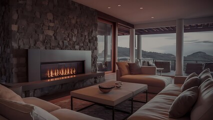 Beautiful modern living room interior with stone wall and fireplace in luxury home