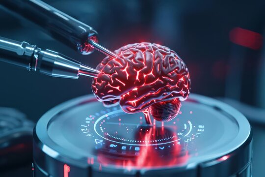 A futuristic illustration of a craniotomy showing holographic brain structures and digital precision tools, ideal for a neurosurgery banner with space for copy