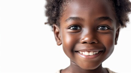 Close up portrait of a happy smiling African American young girl with curly hair. Concept of childhood joy and innocent beauty.