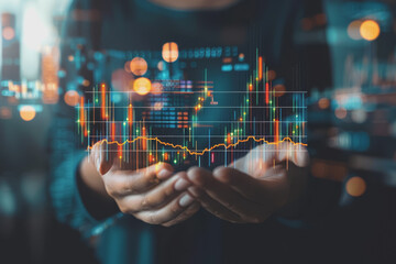 Businessman holding stock market graphic, networking, and data analytics connection, network.