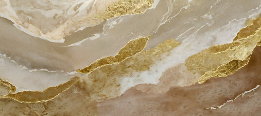 Watercolor paper grain texture painting wall. Abstract gold, nacre and beige marble. Generative AI.	
