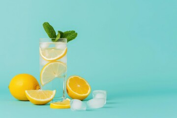 Fototapeta premium A refreshing lemonade stand with citrus slices and ice cubes, isolated with room for text on a clean background