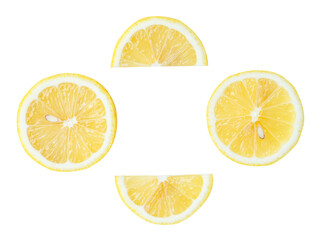 Obraz premium Top view set of yellow lemon halves and slices or quarter isolated on white background with clipping path
