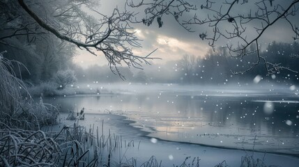 Serene Winter Landscape. Snowfall over a Frozen Lake at Sunset