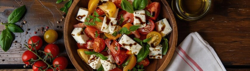 Fresh Caprese salad with tomatoes, mozzarella, and basil served in a wooden bowl, garnished with balsamic glaze, perfect for summer meals.