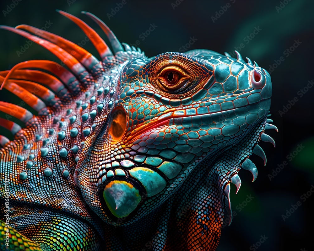 Poster Neon Iguana   Exotic Glowing Reptile with Intricate Scale Details on Isolated Black Background