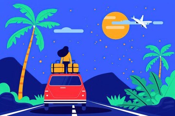 A vibrant illustration of a road trip with a car packed with luggage and travel accessories, ideal for a banner with space for copy