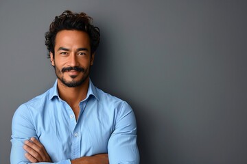 Fototapeta premium Confident Hispanic Man Standing Against Gray Background in Light Blue Shirt Smiling with Arms Crossed, Modern Casual Style for Profile or Business Use