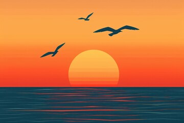 Obraz premium A vibrant sunset over the ocean with silhouettes of seagulls, isolated with room for text on a clean background