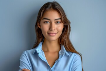 Obraz premium Confident Woman Standing Against Light Blue Wall, Wearing Light Blue Shirt with Long Hair, Smiling at Camera, Natural Makeup, Calm and Professional Portrait for Business-Related Use