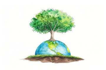 A watercolor depiction of a tree growing from a globe, symbolizing sustainable energy efforts, isolated on a white background