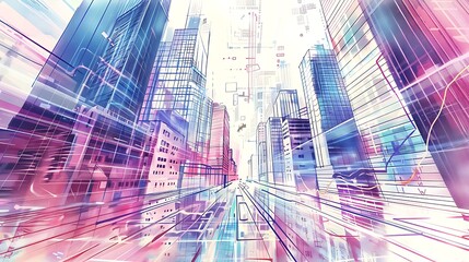 A detailed color pencil illustration of a futuristic financial district, with sleek buildings and digital displays Copy space for text, sharp focus and clear light, high clarity no grunge, splash,