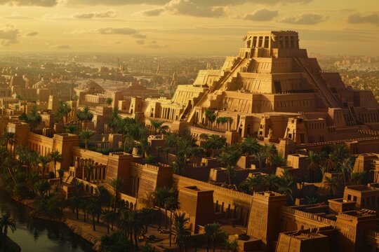 Stunning golden hour over a recreated ancient mesopotamian city with a ziggurat