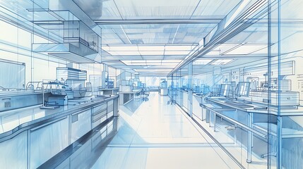 A detailed color pencil depiction of a futuristic research lab, with cutting-edge technology and innovative design Copy space for text, sharp focus and clear light, high clarity no grunge, splash,