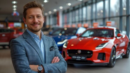 A businessman stands in a car showroom against a backdrop of elegant cars, symbolizing success, luxury car sales and business acumen