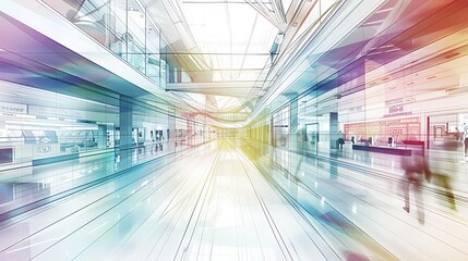 A dynamic color pencil illustration of a futuristic retail environment, with advanced technology and digital displays Copy space for text, sharp focus and clear light, high clarity no grunge, splash,