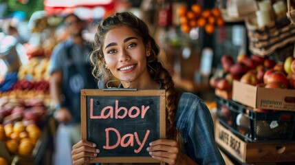 Fototapeta premium Proud Retail Worker Celebrating Labor Day with Sign at Cash Register under Natural Light