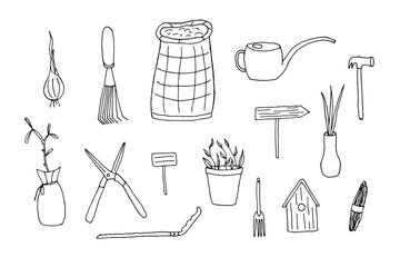 Vector Set of gardening doodle illustrations. Watering and planting seedlings, tool for cultivating crops isolated on white background. Vector hand drawn harvesting drawings.