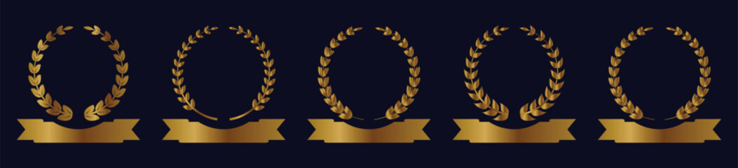 Gold laurel wreath. Roman trophy badge, golden branch emblem with leaves and ribbon, elegant laurels circle border vector set