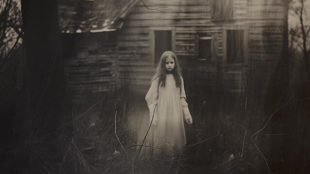 An old and scratched black and white photo of a spooky blonde girl in a dress, isolated in the mist of a blank background. A paranormal and scary horror scene of a real ghost moving