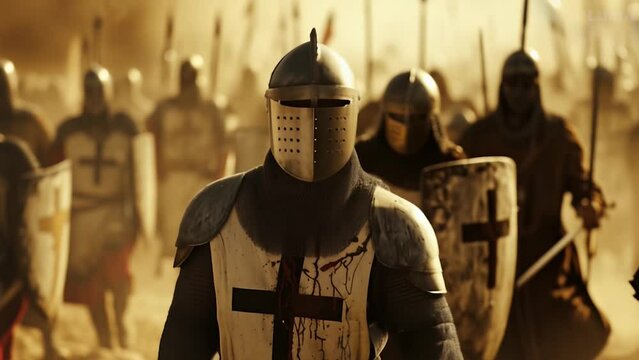 Christian crusaders army starting the reconquest, with medieval armor, shields, swords, lances and the sign of the cross. Epic war scene at sunset with golden light, for a History action animation
